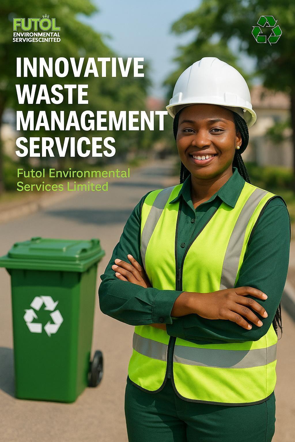 Smiling African female waste management worker in safety vest and helmet, standing confidently in front of green trash bins on a clean residential street. Text overlay reads “Innovative Waste Management Services . Futol Environmental Services Limited.